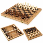 Jeu de Société 3 en 1 en Bois – Échecs, Dames & Backgammon