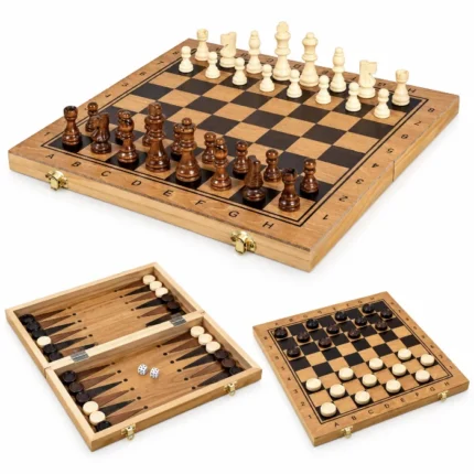Jeu de Société 3 en 1 en Bois – Échecs, Dames & Backgammon