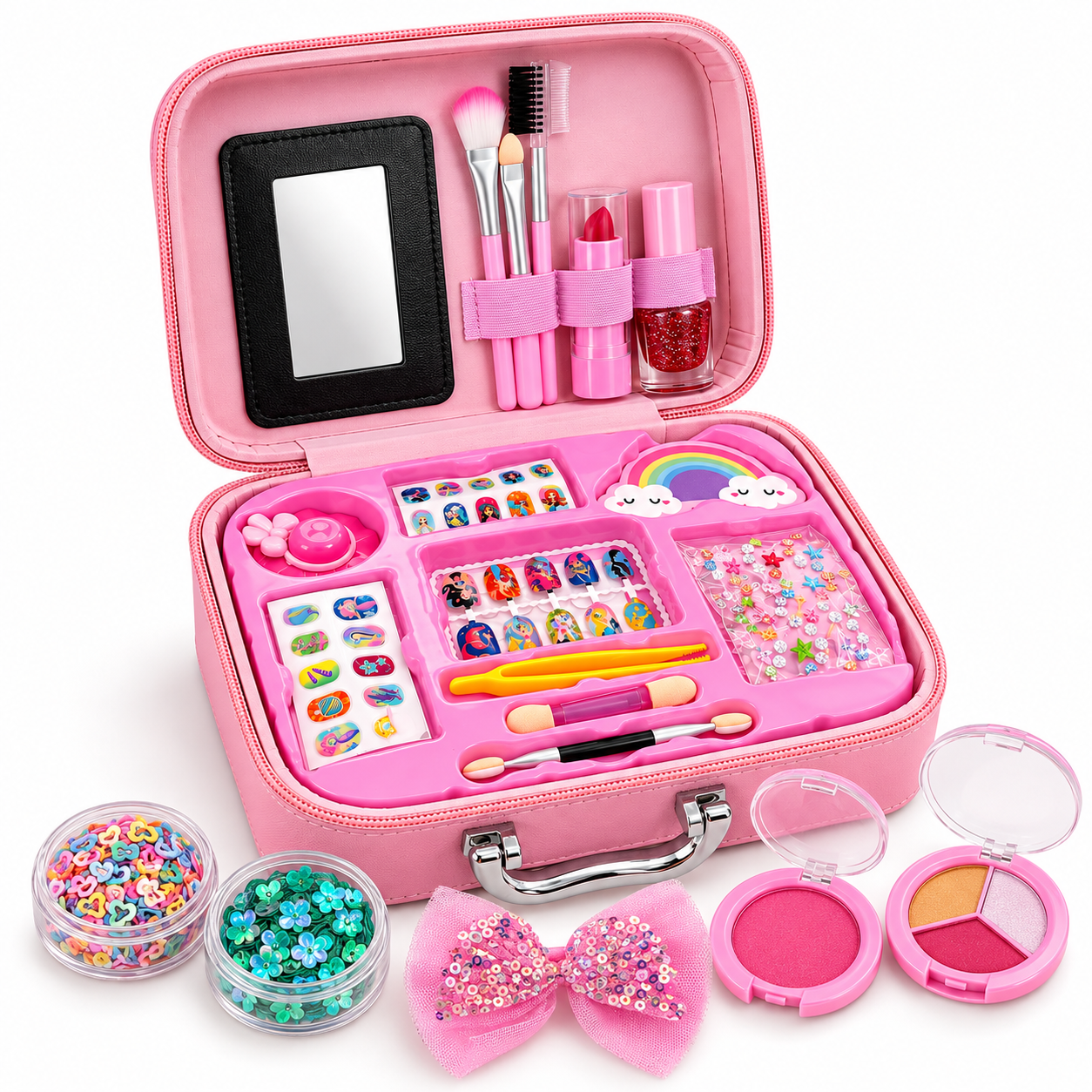 Valisette maquillage Stitch Angel ouverte Valisette rose ouverte avec maquillage et accessoires