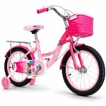 Vélo fille LUCK BMX rose 16 pouces 4 à 8 ans panier avant et roulettes, fond blanc